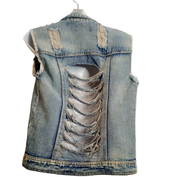 80's Vintage Metallic Stud Denim Architect Vest Cropped Distressed Stone Wash - Picture 5 of 15